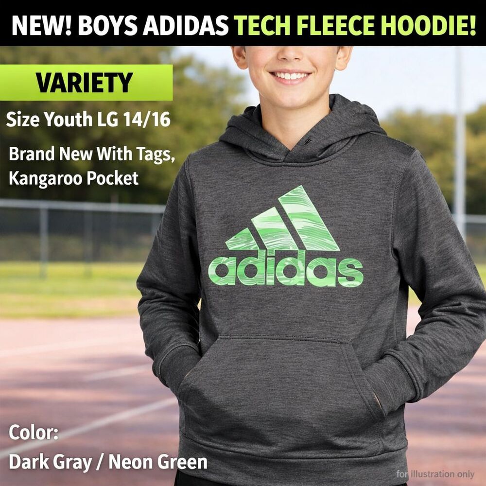 Boys Adidas Tech Fleece Hoodie Youth Large 14/16 Dark Gray Neon Green New